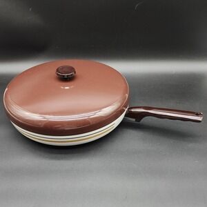 West Bend VTG 12" Brown Cream Striped Skillet Pan Lid Retro MCM Kitchen Cookware